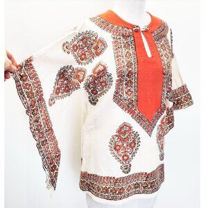 Vintage Dashiki 1970s Orange Natural Cotton Bell Sleeves Top Tunic Shirt Blouse